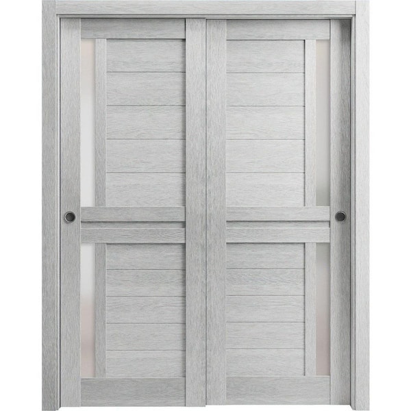 Sartodoors 64 in. x 96 in. 2 Panel Light Grey Oak Finished Solid Wood Sliding Door with Hardware