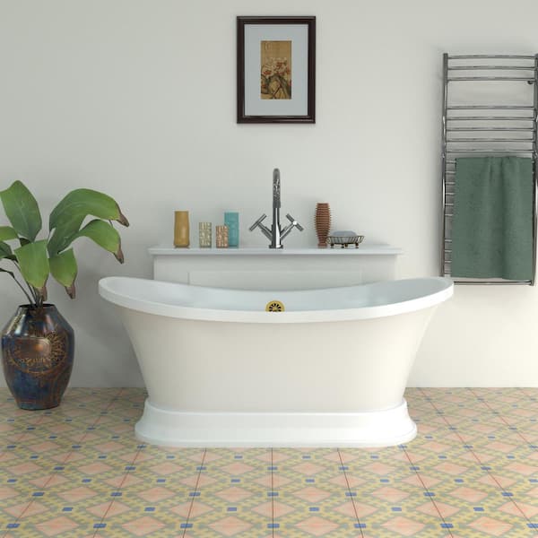 60 in. Acrylic Flatbottom Non-Whirlpool Bathtub in Glossy White With Brushed Gold Drain and Overflow Cover