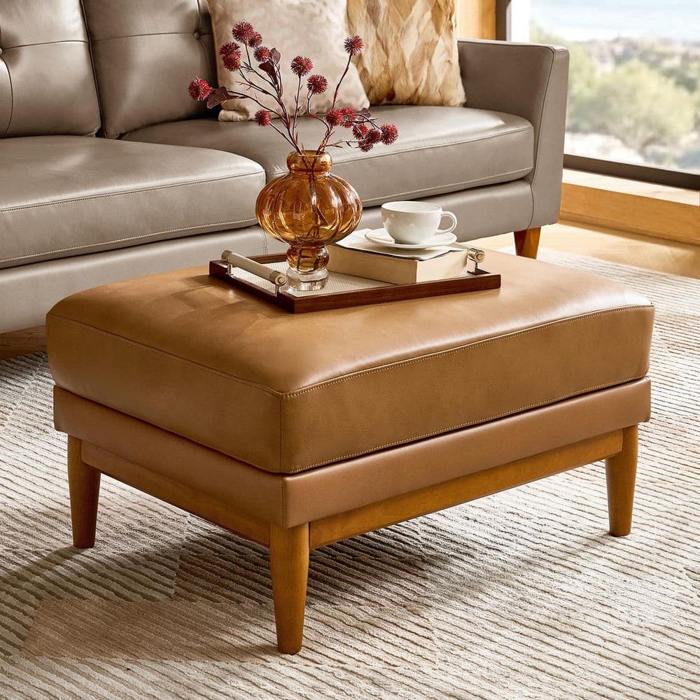 JAYDEN CREATION Geofredo Camel Genuine Leather Rectangle Ottoman