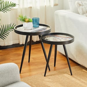 17.5 in. Round Nesting Lamp Table with Polygonal Star Pattern Tray Top 2-Pieces