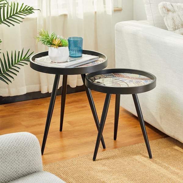 Glitzhome 17.5 in. Round Nesting Lamp Table with Polygonal Star Pattern Tray Top 2-Pieces