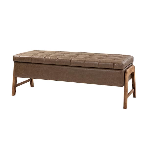 JAYDEN CREATION Irene 50 in. Wide Leather Storage Bench with Tufted Seat Cushion-TAUPE