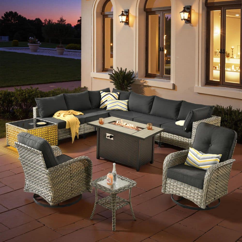 Starlight 11 Pieces Wicker Outdoor Patio Rectangular Fire Pit Set and Swivel Rocking Chairs with Black Cushions price history on PriceWatchPro