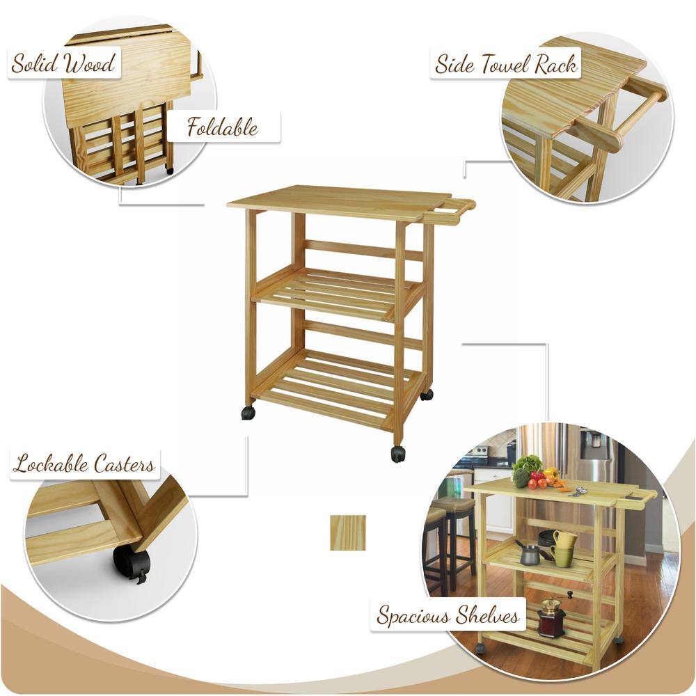Trek Natural Pine Wood Folding Kitchen Cart with Storage