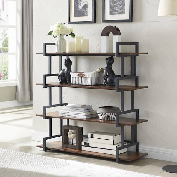 Angel Sar 39.2 in. Tall Wood 4-Shelf Freestanding Corner Etagere Bookcase with Metal Frame for Living Room, Brown