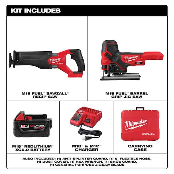 M18 FUEL 18V Lith-Ion Brushless Cordless SAWZALL Reciprocating Saw Kit W/one 5.0 Ah Batteries, Charger and Jig Saw