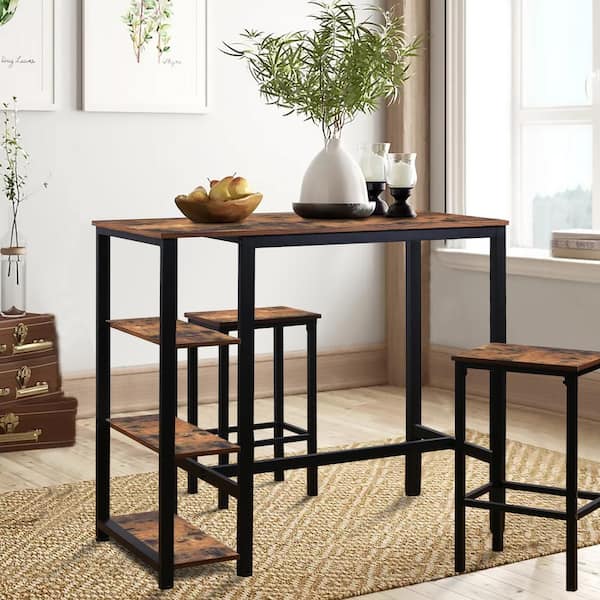 3 Piece Industrial Brown Bar Table Set, Dining Room Set With Bar Stools