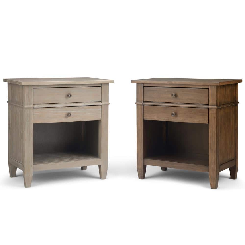 Distressed Gray Solid Wood 2-Drawer Nightstand with Open Shelf