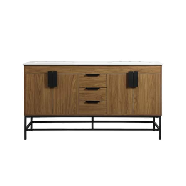 Unbranded Timeless Home 60 in. W x 22 in. D x 33.5 in. H Bath Vanity in Walnut Brown with Ivory White Engineered Stone Top