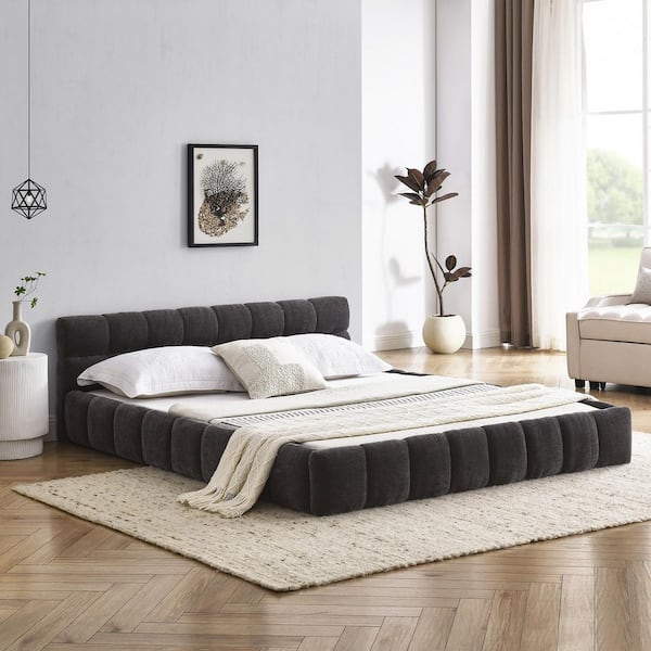 Elfin Dark Gray Wood Frame Queen Size Platform Bed with Chenille Upholstered Headboard
