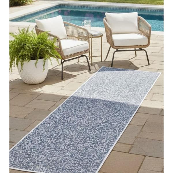 Monte Carlo Palmette Navy-Ivory 2 ft. x 12 ft. Indoor/Outdoor Runner Rug