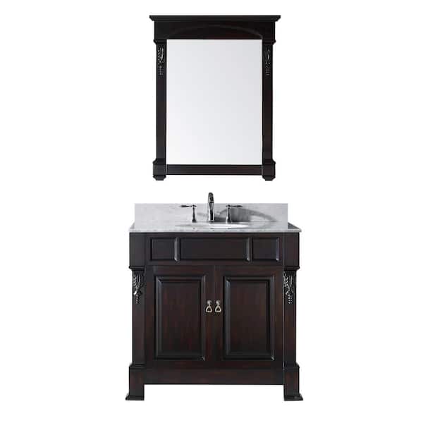 Virtu USA Huntshire 36 in. W Bath Vanity in Dark Espreso with Marble Vanity Top in White with Round Basin and Mirror