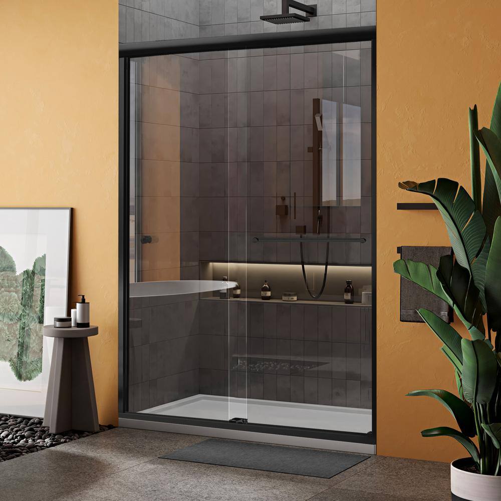 Matte Black Semi-Frameless Sliding Shower Door with Clear Glass
