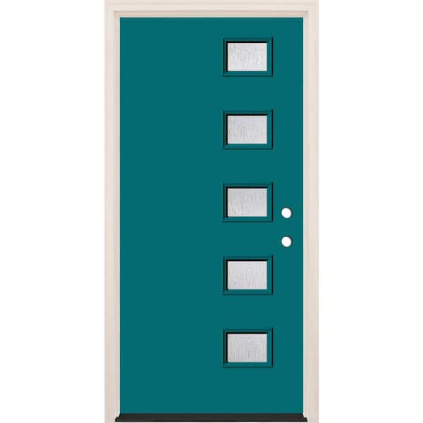 Builders Choice 36 in. x 80 in. Left-Hand/Inswing 5-Lite Rain Glass Reef Painted Fiberglass Prehung Front Door w/6-9/16 in. Frame