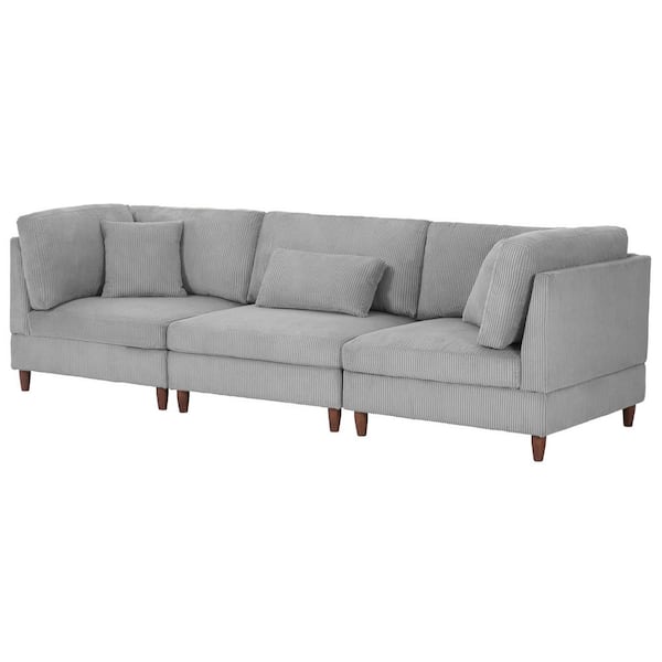 120.5 in. Straight Arm 3-Piece Corduroy Upholstered 3-Seater Sectional Sofa in Light Gray