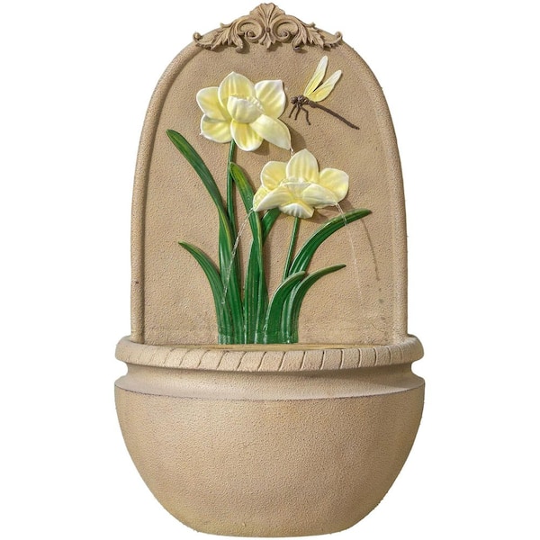 31 in. in H, Mesh Guard, Waterfall, Outdoor Wall Water Fountain with Pump-Yellow Flower with Dragonfly Design