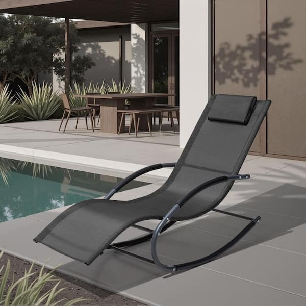 Crestlive Products 1 Piece Arms Outdoor Rocking Lounge Chair in Black Pool Lounge Chairs with Removable Pillow Chaise Lounge for Patio