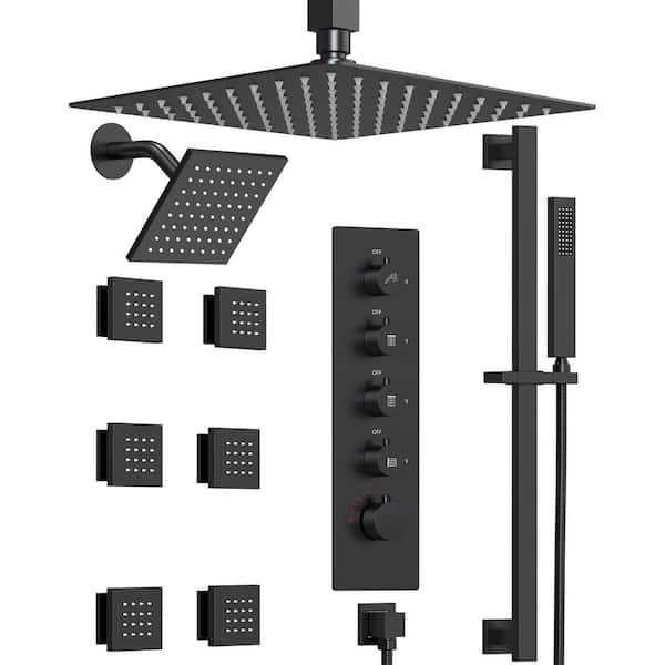 His and Her Dual 15-Spray Ceiling Mount 16 and 6 in. Shower Faucet Handheld Shower Head 2.5 GPM in Matte Black