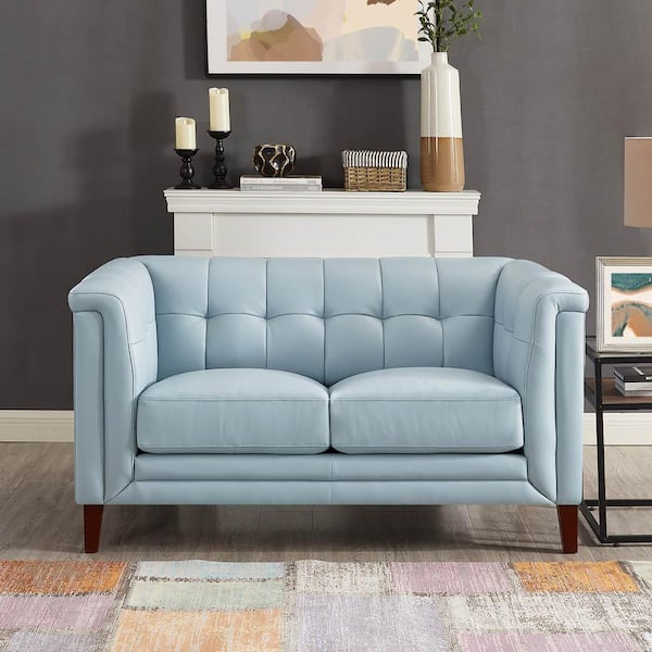 Hydeline Arvo 61.5 in. Spa Blue Top Grain Leather 2-Seater Loveseat with Removable Cushions