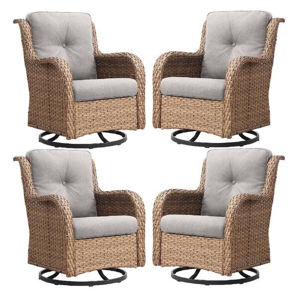 4-Piece Set Outdoor Swivel Yellow Wicker Outdoor Rocking Chair with CushionGuard Beige Cushions