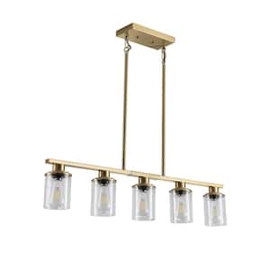 60-Watt 5 Light Gold Kichen Island Pendant Light with Clear Cylinder Glass Shade Gold Pendant Light