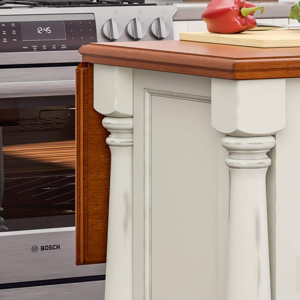 Off-White and Oak Wood Kitchen Island Set with Stools