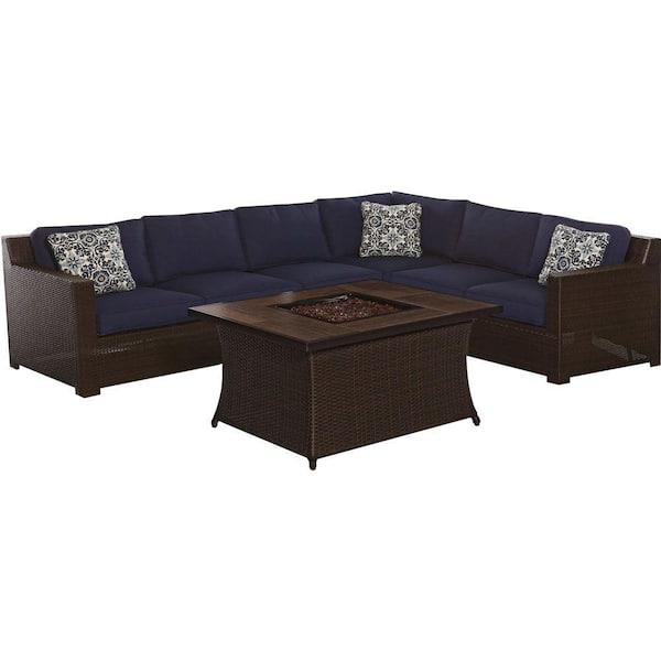 Hanover Metropolitan 6-Piece All-Weather Wicker Patio Fire Pit Seating Set with Navy Blue Cushions and Wood Grain Tile Table