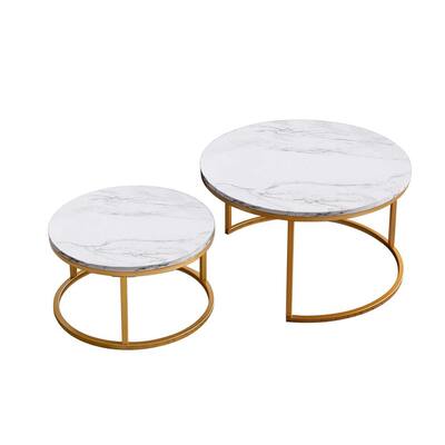 Gold Round Wood Nesting Coffee Table, Round Marble Top Nesting Coffee Table
