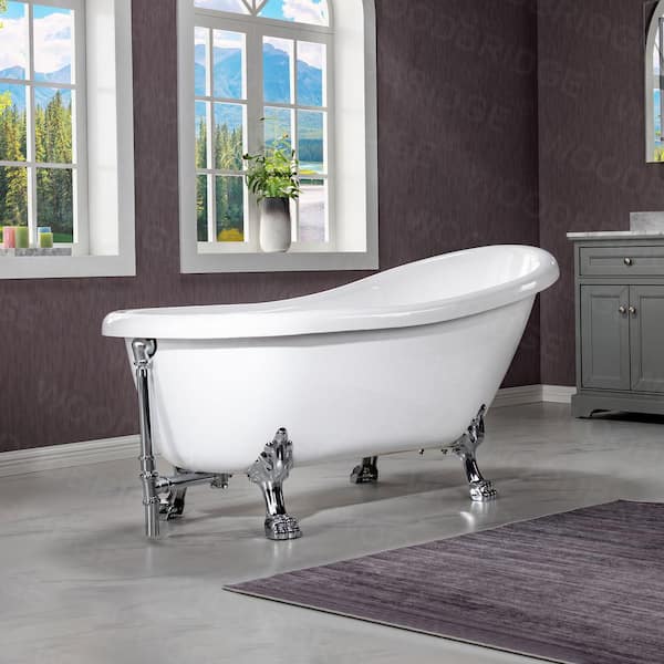 WOODBRIDGE Eurek 67" Heavy Duty Acrylic Slipper Clawfoot Bath Tub in White,Claw Feet,Drain and Overflow in Chrome