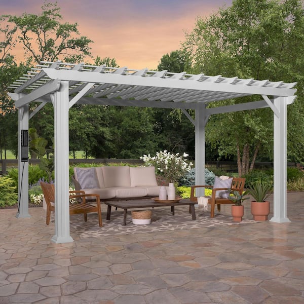 Hawthorne 12 ft. x 14 ft. White Steel Traditional Pergola with Sail Shade Soft Canopy