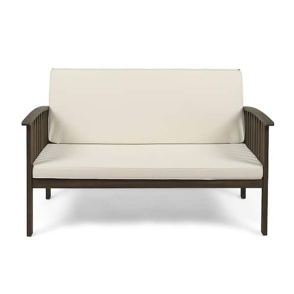 Grey Wood Outdoor Couch with Cream Cushions