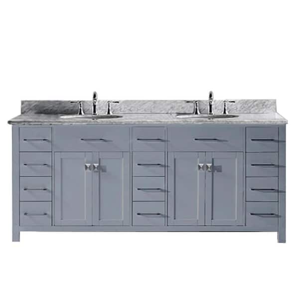 Virtu USA Caroline Parkway 79 in. W Bath Vanity in Gray with Marble Vanity Top in White with Round Basin