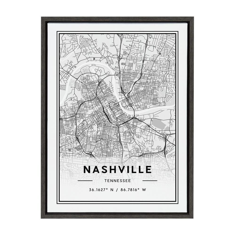 Sylvie Nashville Modern Map Gray Framed Canvas Wall Art, 18x24