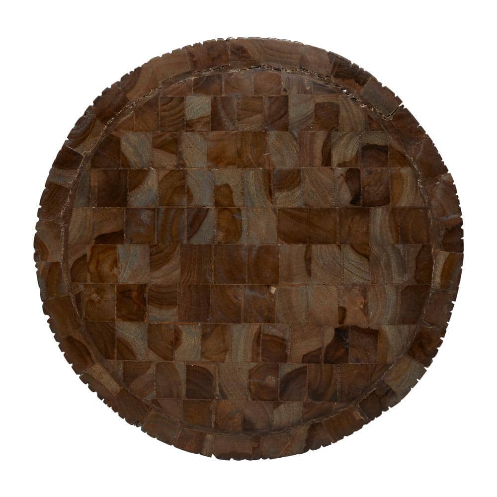 Brown Teak Wood Round Carved Accent Table
