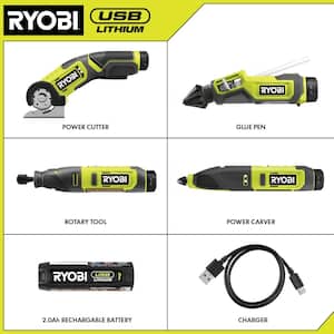 USB Lithium 4-Tool Hobby Combo Kit with Cutter, Rotary Tool, Carver, Glue Pen, Batteries, and USB Charging Cable