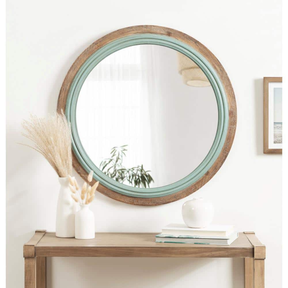 Rustic Blue and Brown Round Wood Bathroom Vanity Mirror