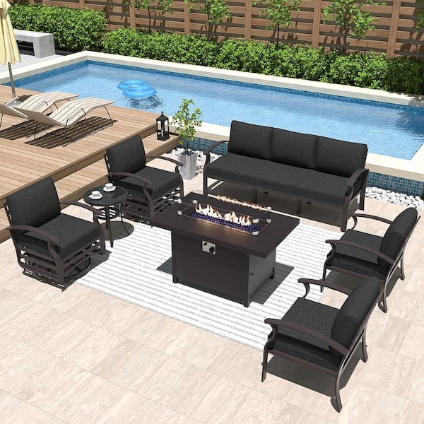 Halmuz 7-Seat Aluminum Patio Conversation Set with armrest, Firepit Table, Swivel Rocking Chairs and Black Cushions