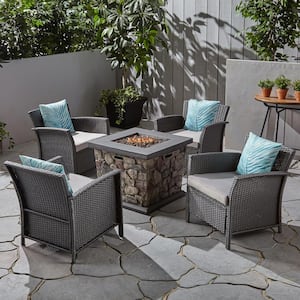 St. Lucia Gray 5-Piece Faux Rattan Outdoor Patio Fire Pit Conversation Set with Silver Cushions