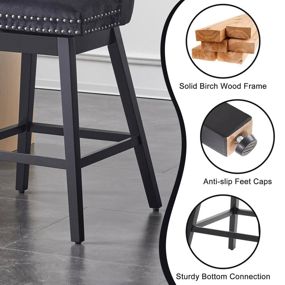 29" Black Velvet Upholstered Swivel Bar Stools with Wood Frame, Set of 2