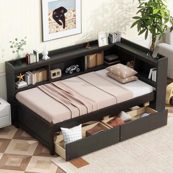 Espresso Brown Wood Frame Twin Size Platform Bed with Power Outlets and 2-Drawers