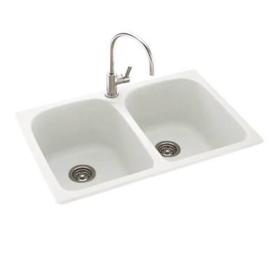 Drop-In/Undermount Solid Surface 33 in. 1-Hole 50/50 Double Bowl Kitchen Sink in White
