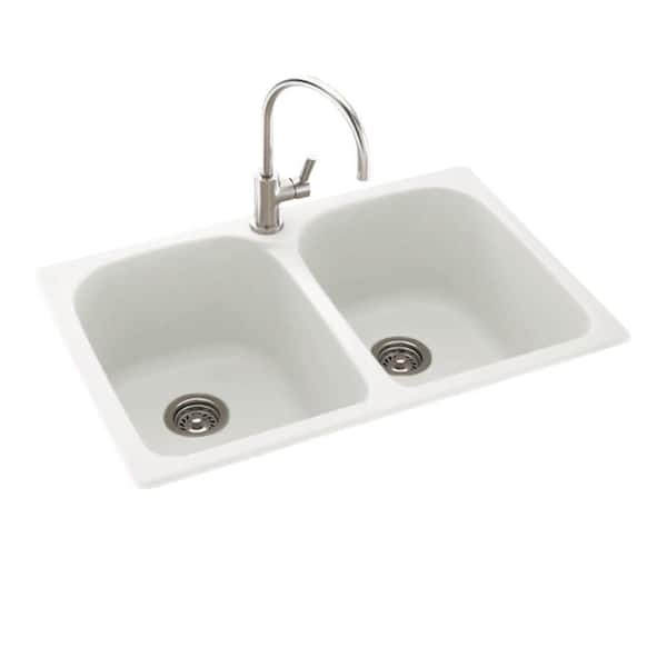 Swan Drop-In/Undermount Solid Surface 33 in. 1-Hole 50/50 Double Bowl Kitchen Sink in White