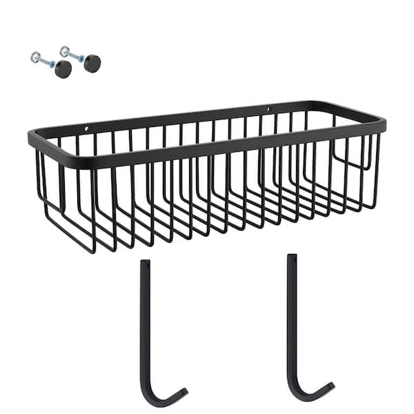 Stainless Steel Wall Mounted Rectangle Shower Caddy Shower Basket with 2 Hooks in Matte Black