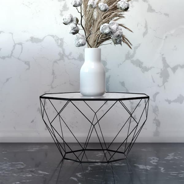 Malibu 22 in. Octagon Coffee Table Modern Tempered Glass Tabletop Geometric Metal Frame Accent Table in Black
