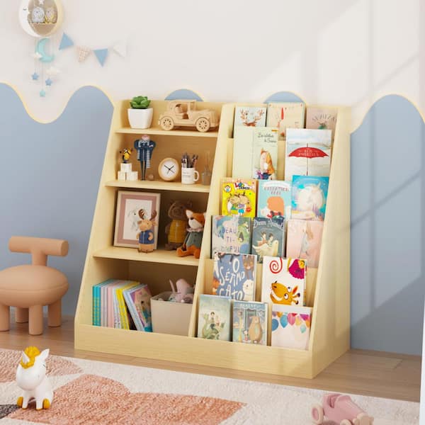Ffan 33.47 in. Tall Natural Wood Multifunctional 4-Tier Storage Bookcase with Display Stand