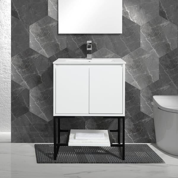 Abruzzo Allen 24 in. Freestanding White Bath Vanity Open-Shelf Bathroom Storage Vanity Cabinet with Glossy White Resin Top Basin