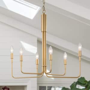 Modern Light Gold Oblong Chandelier, Contemporary 6-Light Candlestick Haning Light for Living Dining Room Kitchen Island