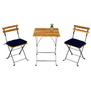 3-Piece Wood Outdoor Bistro Set Folding Chair with Blue Cushion