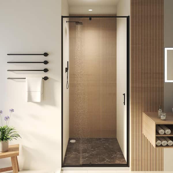 28 to 32 in. W x 72 in. H Framed Pivot Shower Door in Black with Clear Glass
