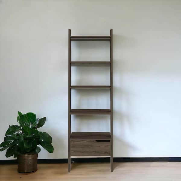 HomeRoots 70.31 in. Tall Brown Particle Board 5 Shelf Standard Bookcase with Drawers